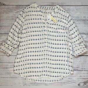 Grand & Greene Shirt Women XL White Blue Printed Anchor Long Sleeve Blouse